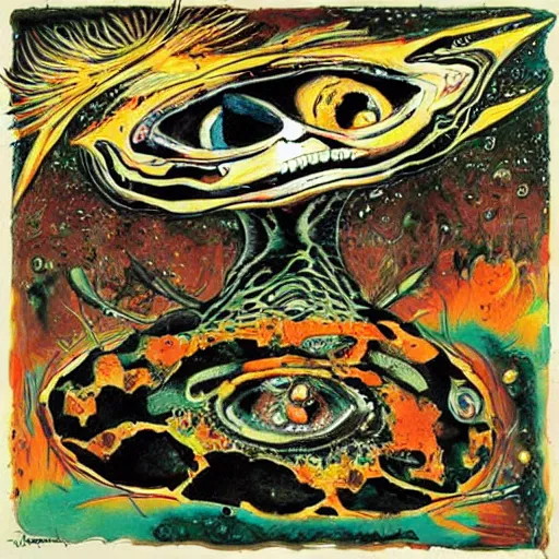 Image similar to dark extraterrestrial shore steak papaya, by jackson pollock and esao andrews, tiki, an ink drawing