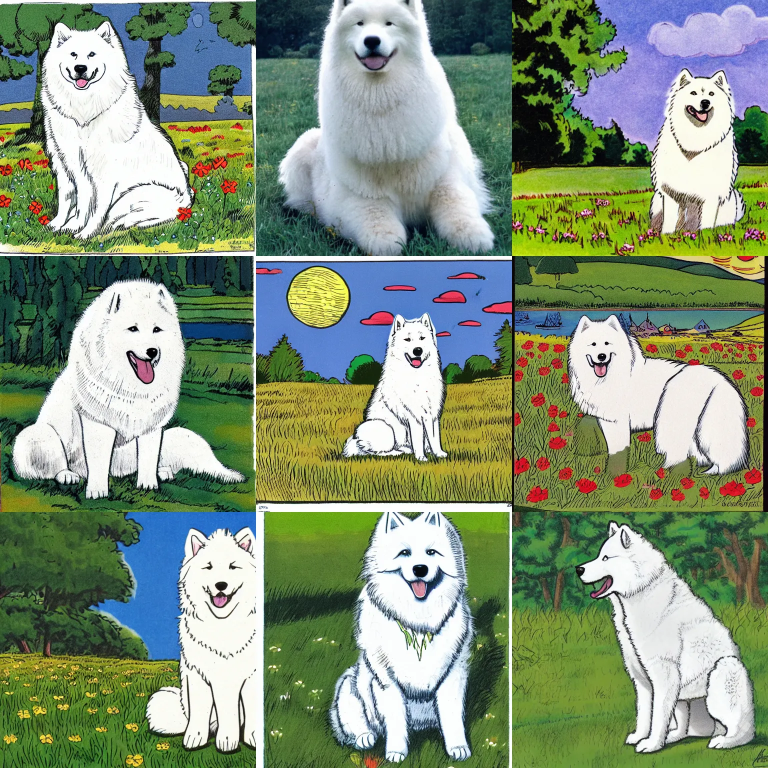 Prompt: a samoyed dog sitting in the middle of sunny meadow, colored, by Gil Kane