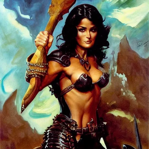 Image similar to a frank frazetta oil painting of selina gomez as a beautiful muscular salma hayek wearing black armor holding a large battle axe, dynamic shot, hd 4 k, intricate, highly detailed, atmospheric, sharp