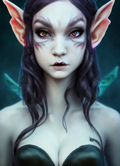 Image similar to imp demon goddess, cute elf ears, strapless dress, character portrait in the style of thomas river and artgerm, cinematic lighting, hyperdetailed, 8 k realistic, symmetrical, global illumination, radiant light,, frostbite 3 engine, cryengine, dof, trending on artstation, digital art, chanel