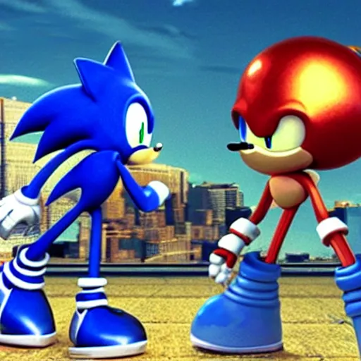 Prompt: Robot sonic fighting the real sonic, ultrarealistic