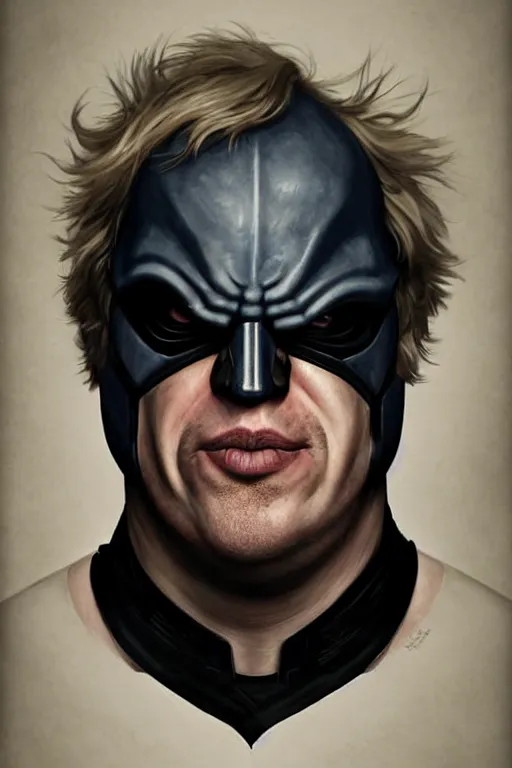 Image similar to Boris Johnson as a Bane from Dark Knight, Boris Johnson hairstyle, realistic portrait, symmetrical, highly detailed, digital painting, artstation, concept art, smooth, sharp focus, illustration, cinematic lighting, art by artgerm and greg rutkowski and alphonse mucha