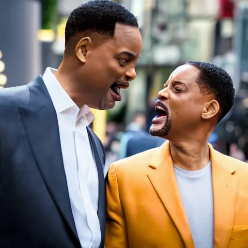 Image similar to will smith screaming at chris rock, canon eos r 3, f / 1. 4, iso 2 0 0, 1 / 1 6 0 s, 8 k, raw, unedited, symmetrical balance, wide angle