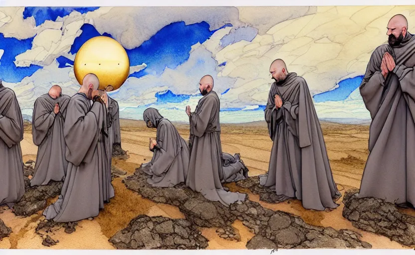 Image similar to a hyperrealist watercolour concept art of a group of medieval monks in grey robes kneeling in prayer on a desert road. a large steampunk ufo is above them in the sky. by rebecca guay, michael kaluta, charles vess and jean moebius giraud. high detail, hq, wide shot