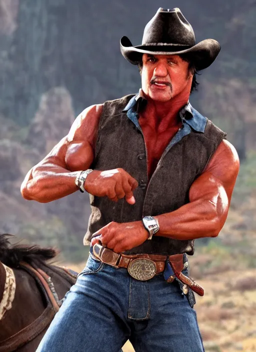 Image similar to an film still of sylvester stallone as cowboy, western background, unreal engine. amazing likeness. very detailed.