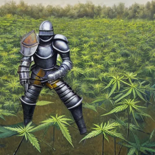 Prompt: a detailed oil painting of a full armored knight, dancing in a field of cannabis plants