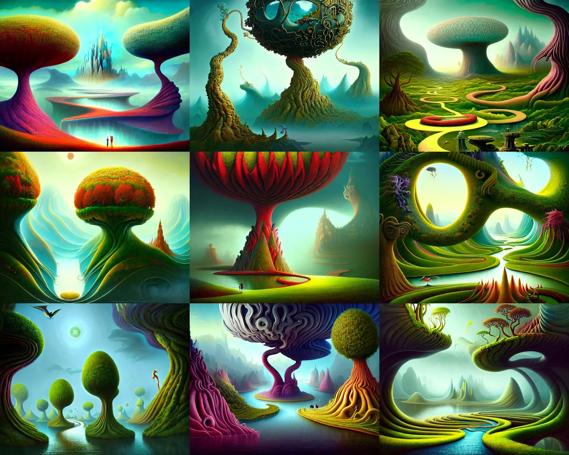 Prompt: a beguiling epic stunning beautiful and insanely detailed matte painting of the impossible winding path through imaginary worlds with surreal architecture designed by Heironymous Bosch, mega structures inspired by Heironymous Bosch's Garden of Earthly Delights, vast surreal landscape and horizon by Asher Durand and Cyril Rolando and Natalie Shau, colorful otherworldly trees, masterpiece!!!, grand!, imaginative!!!, whimsical!!, otherworldly, epic scale, intricate details, sense of awe, elite, wonder, insanely complex, masterful composition!!!, sharp focus, fantasy realism, dramatic lighting