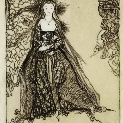 Prompt: Anne Boleyn transforming into a bird, avian, feathers, she is sad, in the style of Arthur Rackham