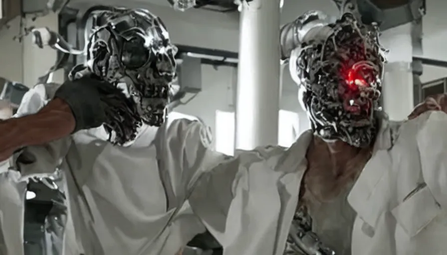 Image similar to big budget action movie about science lab, where a battle cyborg bloodily rips off a scientist's head