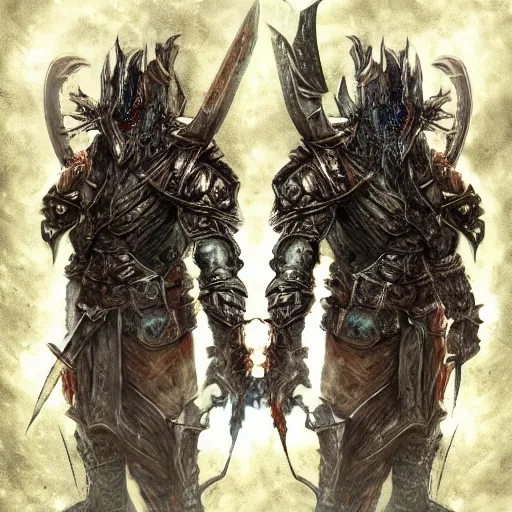 Prompt: Two headed goblin dark souls boss wielding a greatsword inside a decaying ancient fantasy temple. He wears silver armor, trending on artstation, dark fantasy, concept art