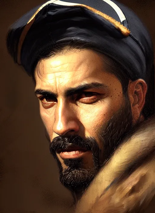 Prompt: portrait of a rugged hispanic man wearing a sailors cap, victorian, concept art, detailed face, fantasy, close up face, highly detailed, cinematic lighting, digital art painting by greg rutkowski