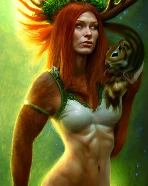 Prompt: muscular female druid with pet chipmunk, perfect face, thin antlers, green halter top, ginger hair, abs, cinematic, freckles, stunning, athletic, strong, agile, highly detailed, psychedelic, digital painting, artstation, smooth, hard focus, illustration, art by jessica rossier and and brian froud