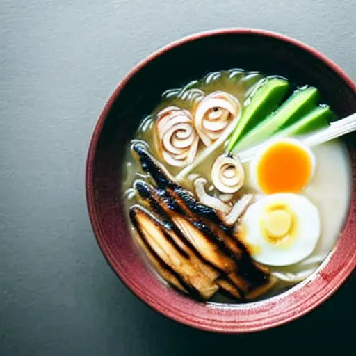 Image similar to A top view of a tonkotsu ramen next to a window on a rainy day