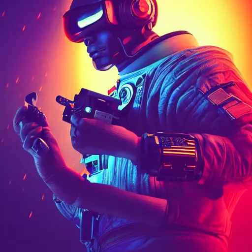 Image similar to professional photo of astronaut from front standing very close to camera from low angle shot, cyberpunk, synthwave, blade runner, hyperrealistic masterpiece, trending on artstation, cgsociety, kodakchrome, golden ratio, cinematic, composition, beautiful lighting, hyper detailed, sharp focus, octane render, 4 k, unreal engine