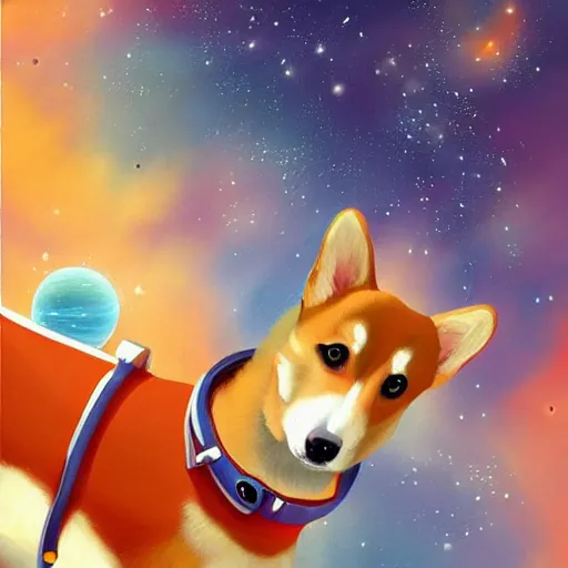 Prompt: beautiful digital painting of a corgi cosmonaut in outer space, shooting stars, planets, nebula, intricate, cosmic, science fiction, anime, highly detailed, award - winning anime, ghibli
