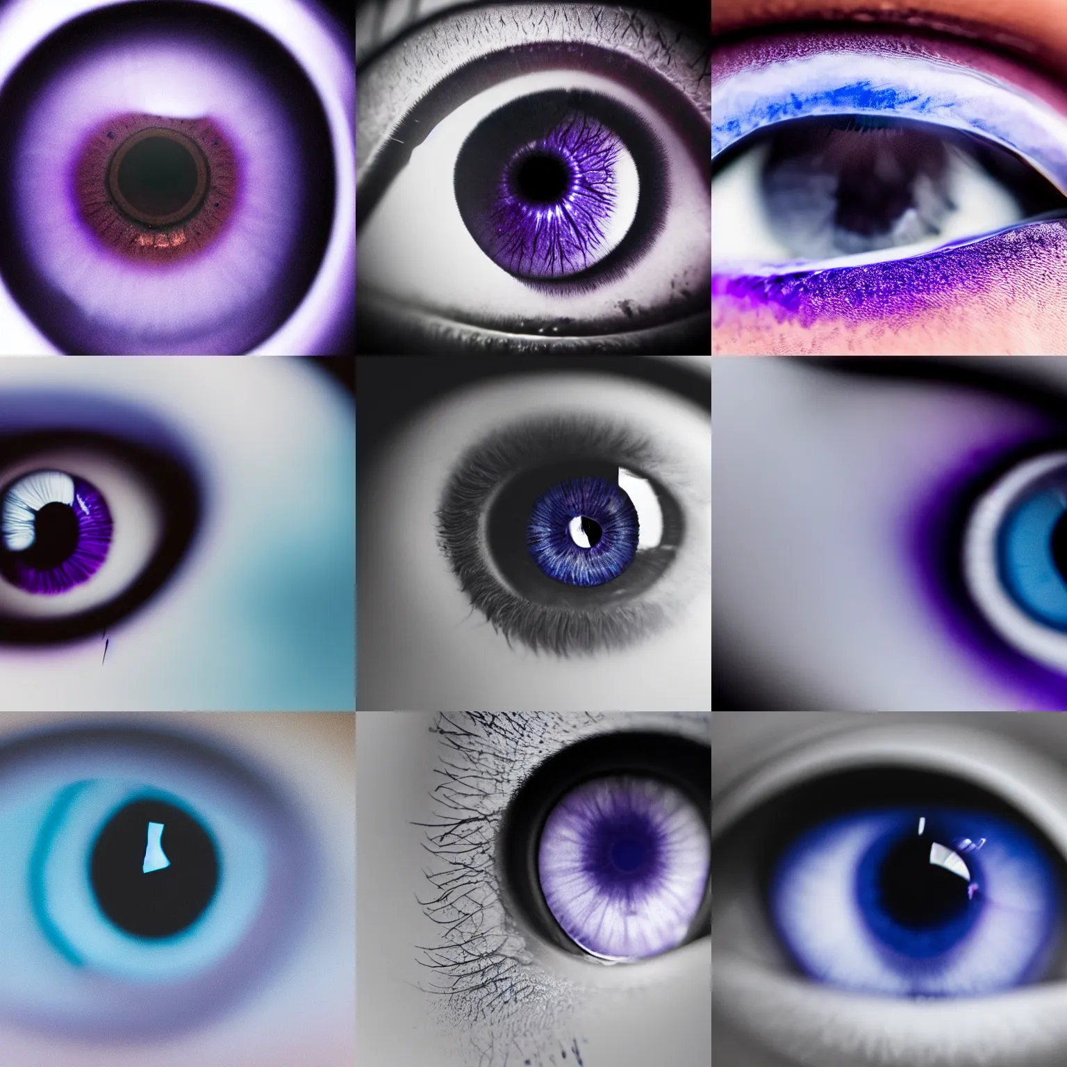 Prompt: close-up photo of the iris of an eye, dark hues of blue and purple, minimalist, edited with Photoshop, retouched