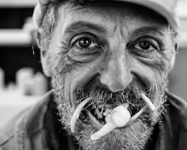 Prompt: a mouth full of bacteria. cursed image. realistic photograph. homeless man at the dentists office.