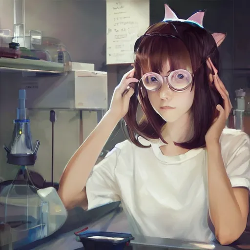 Prompt: girl with cat ears in a biology lab, by WLOP, by Artgerm, by Michael Garmash, by Ilya Kuvshinov, digital art, trending on artstation, beautiful lightning, atmospheric, fantasy