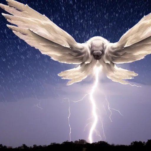 Image similar to buffalo flying with white angelic wings on its back, photograph, beautiful lightning, 4 k