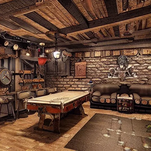 Image similar to a steampunk themed basement