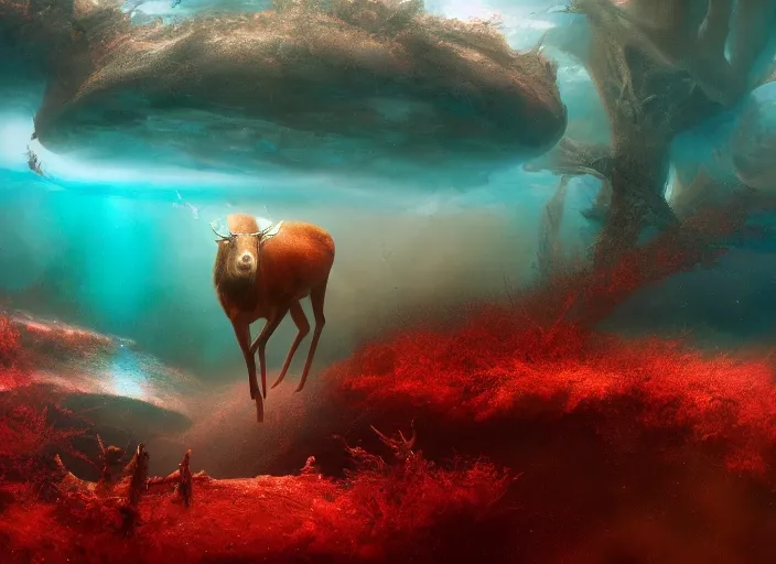 Prompt: a red deer swims in the lake of an alien planet, digital art, detailed, artgerm, artstation, deviant art, by kim keever