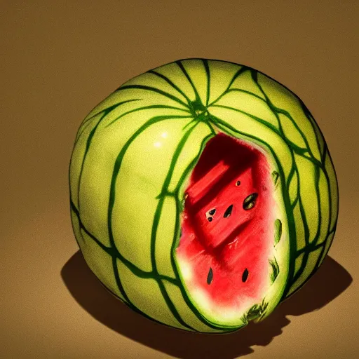 Prompt: Realistic Concept Art Based Watermelon By Hiromasa Ogura in Gost in the Shell style, Cyan Gold blank light, UNREAL ENGINE 5, 8K, Golden Ratio