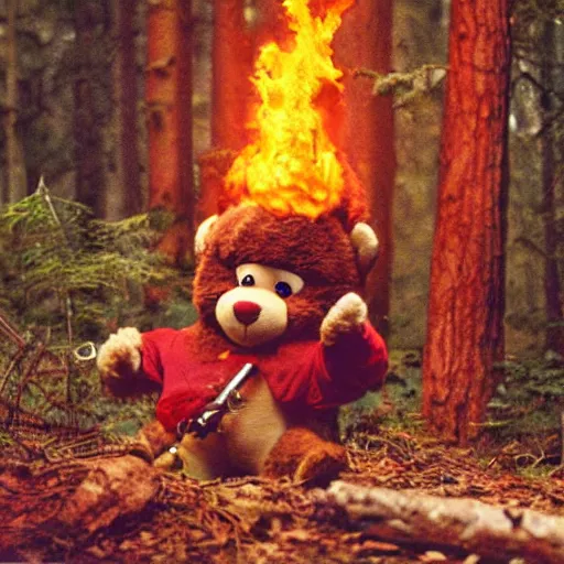Image similar to candid photo of Teddy Ruxpin on fire in the woods, fighting valiantly against Smokey The Bear by Annie Leibowitz, photorealisitc, extremely detailed