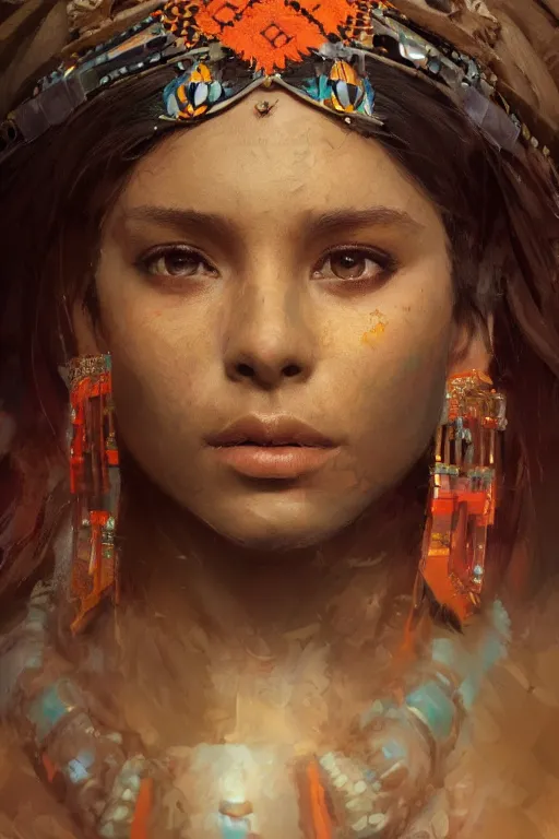 Image similar to aztec princess, gorgeous, close - up portrait, intricate, elegant, volumetric lighting, scenery, digital painting, highly detailed, artstation, sharp focus, illustration, concept art, ruan jia, steve mccurry