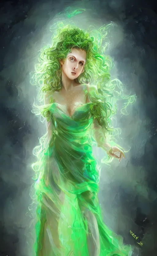 Image similar to a young woman with wild, curly hair and bright green eyes. she's wearing a flowing dress made of light, airy fabric and she has a mischievous look on her face, dynamic lighting, photorealistic fantasy concept art, trending on art station, stunning visuals, creative, cinematic, ultra detailed