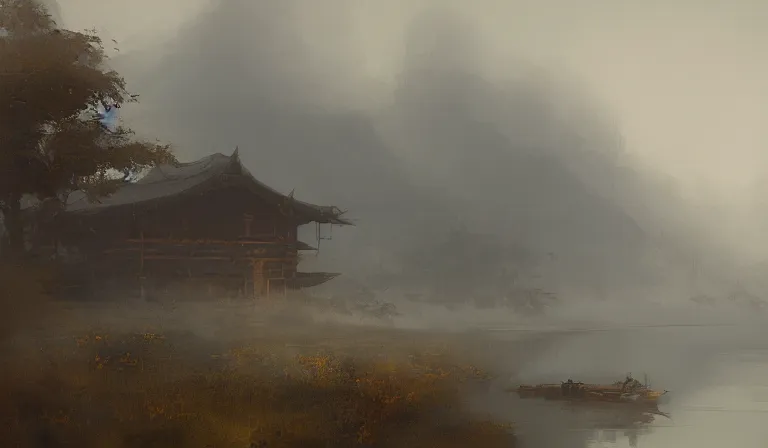 Prompt: A serene landscape with a singular building in the style of ruan jia .