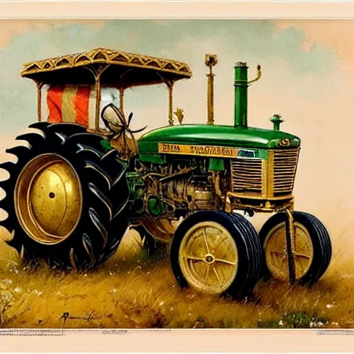 Image similar to ( ( ( ( ( royal farm tractor, fully ornated with intricate gold and jewels. muted colors. ) ) ) ) ) high resolution, high quality, by jean - baptiste monge!!!!!!!!!!!!!!!!!!!!!!!!!!!