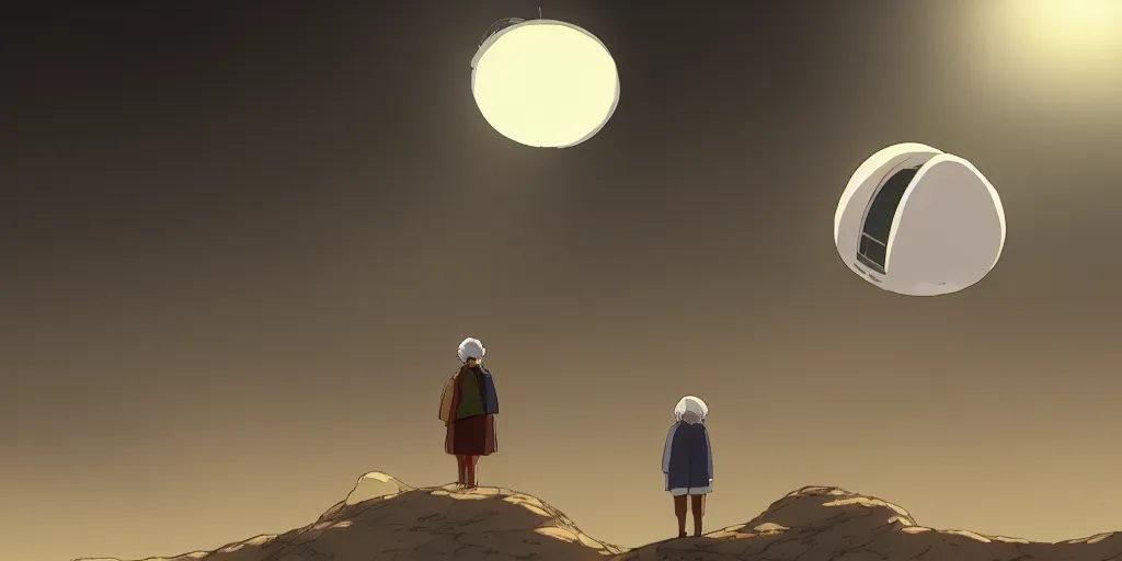 Image similar to an asymmetrical cell - shaded studio ghibli concept art study of a giant silver hovering ufo shining a spotlight on a middle eastern merchant. very dull colors,, hd, 4 k, hq