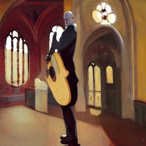 Image similar to a portrait of agent 4 7 from hitman playing a guitar in a monestary, by gregory manchess, james gurney, james jean