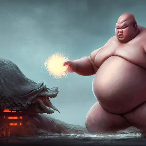 Prompt: Bald Giant Sumo beastly Samurai with an egg growing from his stomach, Digital, dark, fantasy, character, arstation by Bastien Lecouffe-Deharme, Balaskas, Christopher