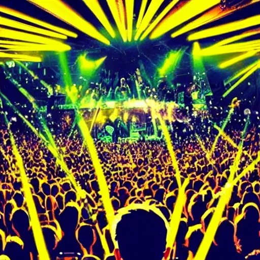 Prompt: 2 rappers on stage at concert, singing into microphone, large crowd, lasers for lights, in the style of anime art, image from crowd's perspective, very detailed,