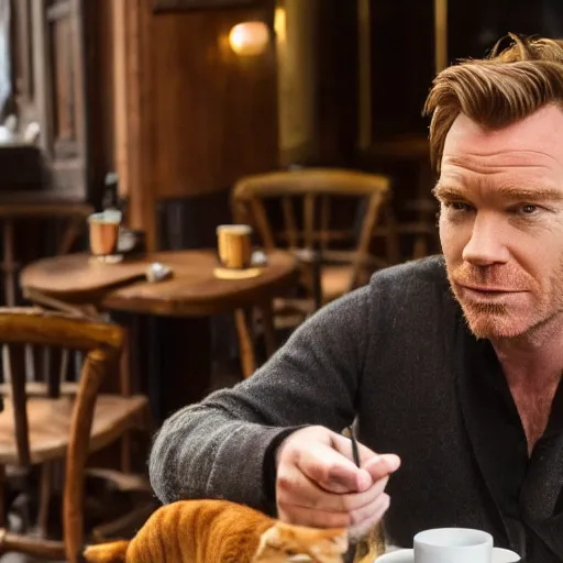 Prompt: ewan mcgregor talking to his brown cat in early 2 0 th century cafe in paris.