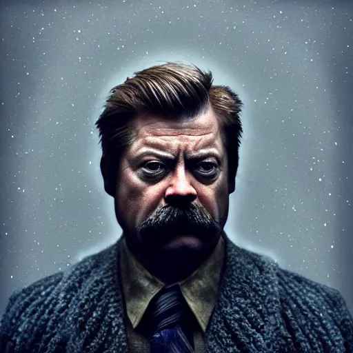 Image similar to Very very very very highly detailed epic central composition photo of Ron Swanson face, intricate, dystopian, sci-fi, extremely detailed, digital painting, smooth, sharp focus, illustration, intimidating lighting, incredible art by Brooke Shaden, artstation, concept art, Octane render in Maya and Houdini