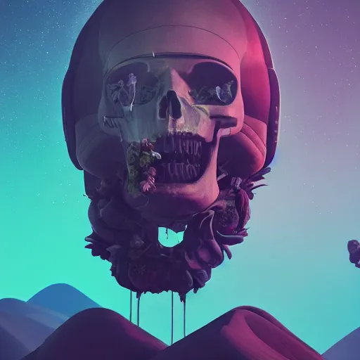 Image similar to beautiful dark landscape, astronaut with a skull head, beautiful flowers growing, in the style of beeple and Mike Winkelmann, intricate, epic lighting, cinematic composition, hyper realistic, 8k resolution,