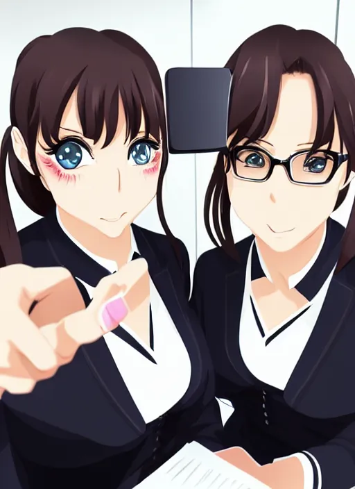 Image similar to a mirror selfie of two beautiful office ladies, gorgeous faces, thick lines, cinematic lighting, detailed anime art