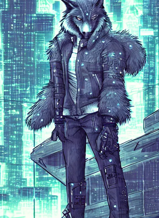 Image similar to character portrait of a male anthro wolf fursona with a tail and a cute beautiful attractive detailed furry face wearing stylish cyberpunk clothes in a cyberpunk city at night while it rains. hidari, color page, tankoban, 4K, tone mapping, Akihiko Yoshida.