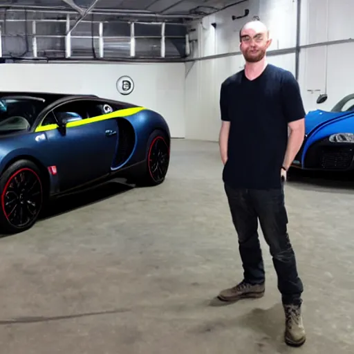 Image similar to an army of andrew tates standing next to a bugatti.