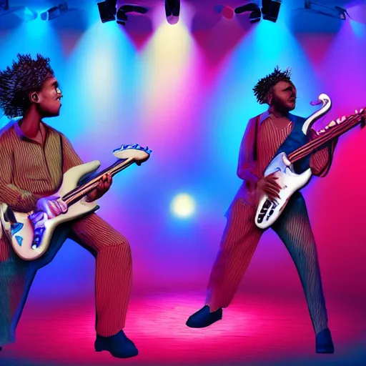 Prompt: a guitar player, saxaphone player, drummer, and a keyboard player on stage with professional lighting. funk band. jazz. party. fun. abstract. oil paint. volumetric lighting. digital image. highly saturated. whimsical. digital art, octane, ue 5, 8 k, 4 k, hq, concept art