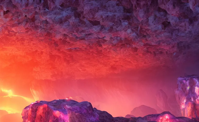 Prompt: a beautiful and stunning digital render of a humongous opal cave, dimly glowing crystals, haze, waterfall, volumetric lighting, photorealistic, red sky, sunset, unreal engine 5, ultra detail, trending on artstation