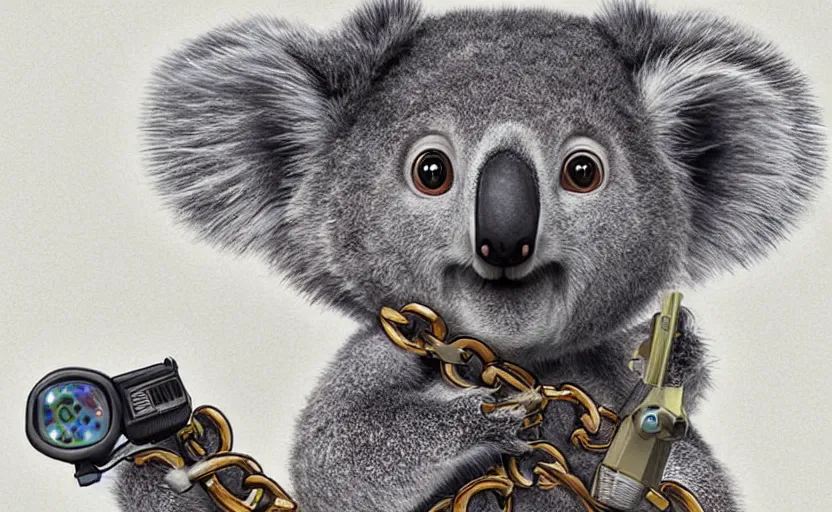 Image similar to “ cute koala with very big eyes, wearing a bandana and chain, holding a laser gun, standing on a desk, digital art, award winning, in the style of the movie madagascar ”