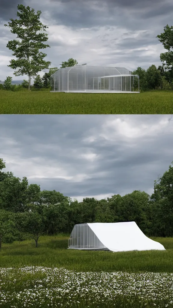 Prompt: hyperrealistic photo of a minimalist glass house in a rural landscape. the house is wrapped in billowing white fabric tarps. the fabric tarps are translucent white mesh. the fabric hangs from metal scaffolding.