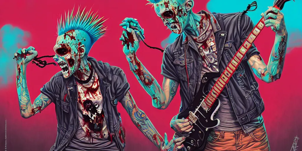 Image similar to a zombie punk rockers with a mohawk playing electric guitar and singing, tristan eaton, victo ngai, artgerm, rhads, ross draws, cinematic by francis tneh