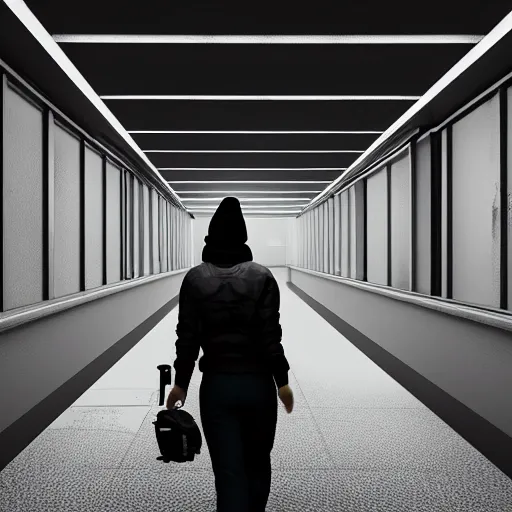 Prompt: woman holding shotgun runs down hallway, wearing black beanie and black bomber jacket, in an underground lab, MC Escher style architecture, sterile, unknown location, light and shadows, fire, bullet shells flying, 4k, cinematic, unreal engine