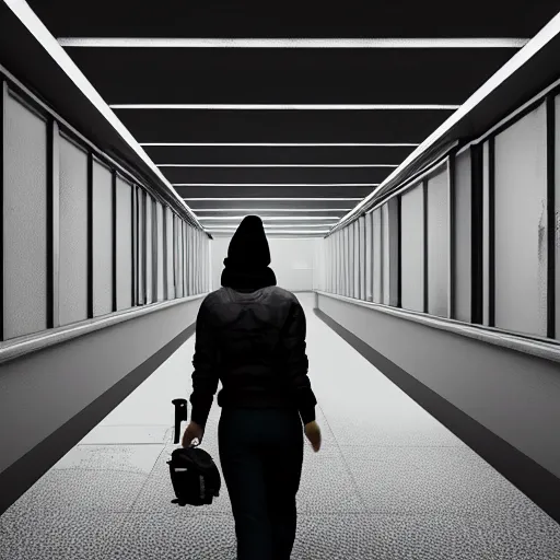 Image similar to woman holding shotgun runs down hallway, wearing black beanie and black bomber jacket, in an underground lab, MC Escher style architecture, sterile, unknown location, light and shadows, fire, bullet shells flying, 4k, cinematic, unreal engine