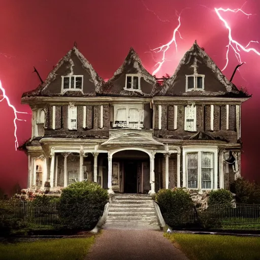 Image similar to a real photo of a horror mansion, in a lighting storm, portrait, 4 k, 8 0 mm, higly detailed, cinematic,