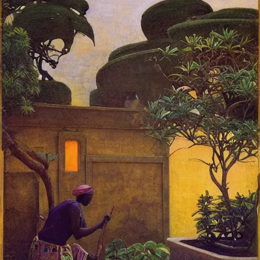 Image similar to Old African gardener cutting bonsai trees, isyllic Garden, by Annie Swynnerton and Nicholas Roerich and jean delville, glowing paper lanterns, strong dramatic cinematic lighting , ornate tiled architecture, lost civilizations, smooth, sharp focus, extremely detailed